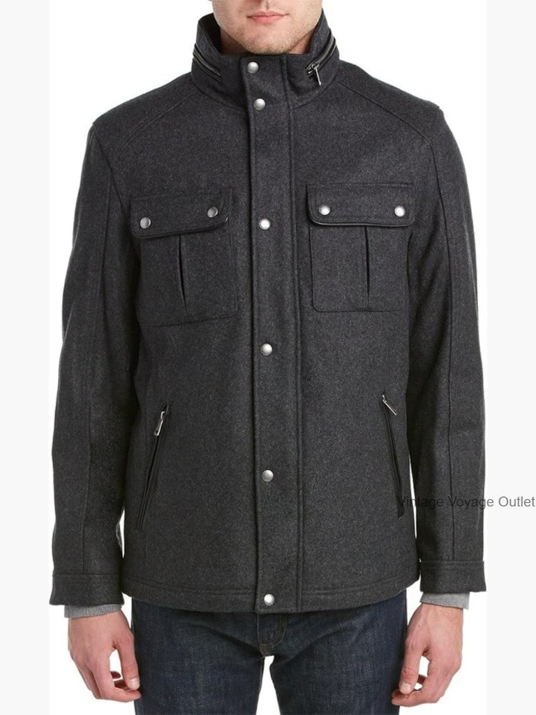 Wool Melton Stand Collar Jacket With Patch Pockets